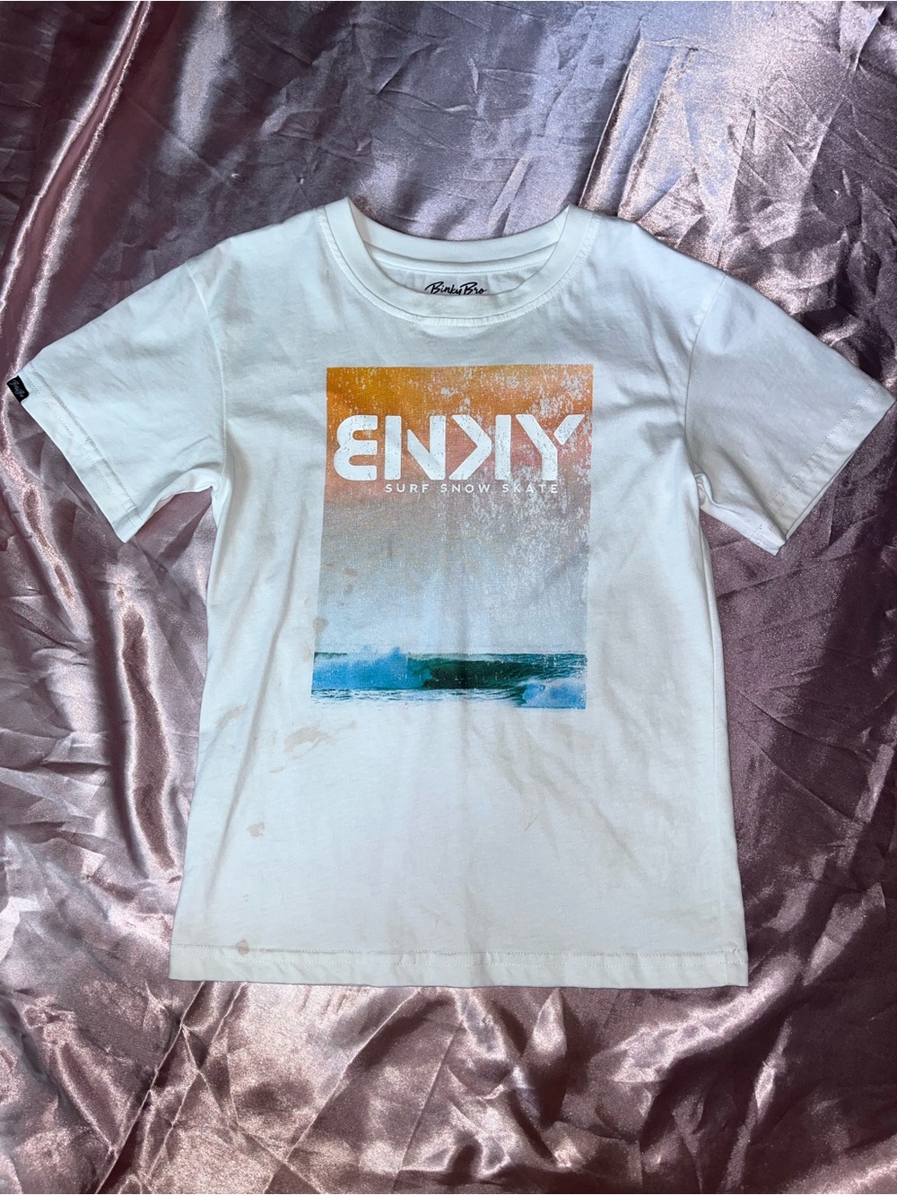 Binky Bro Kids White Short Sleeve Tee with Orange Gradient & Blue Wave Print